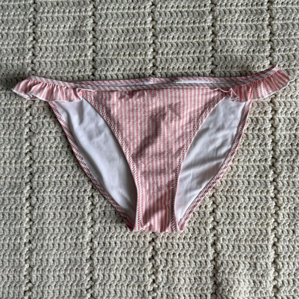 Aerie Swim Size M Seersucker Bikini Bottom Light Pink White Stripes Ruffle Sides